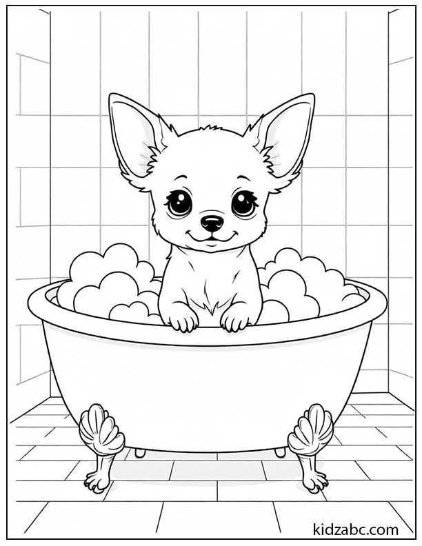 An illustration of a Puppy in a bathtub with bubbles