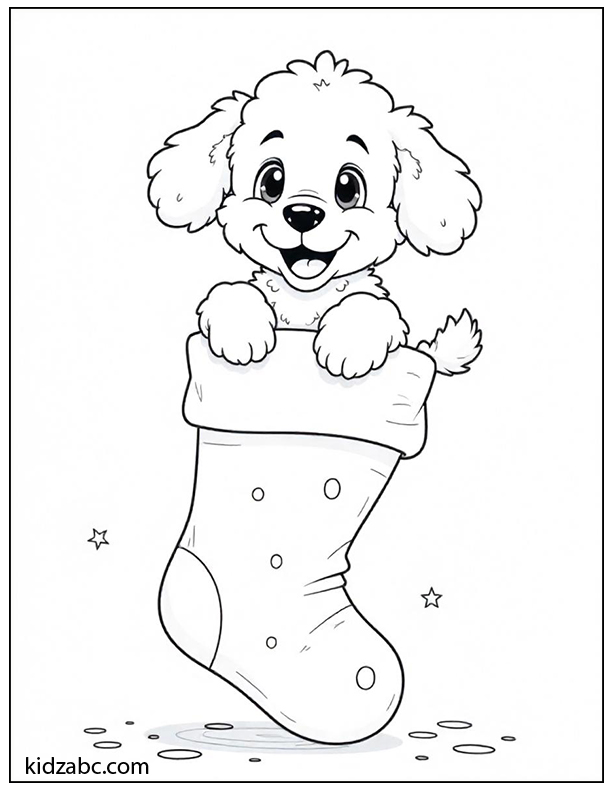 An illustration of cute puppy inside a Christmas stocking