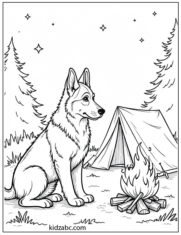 An illustration of puppy camping with a tent and campfire