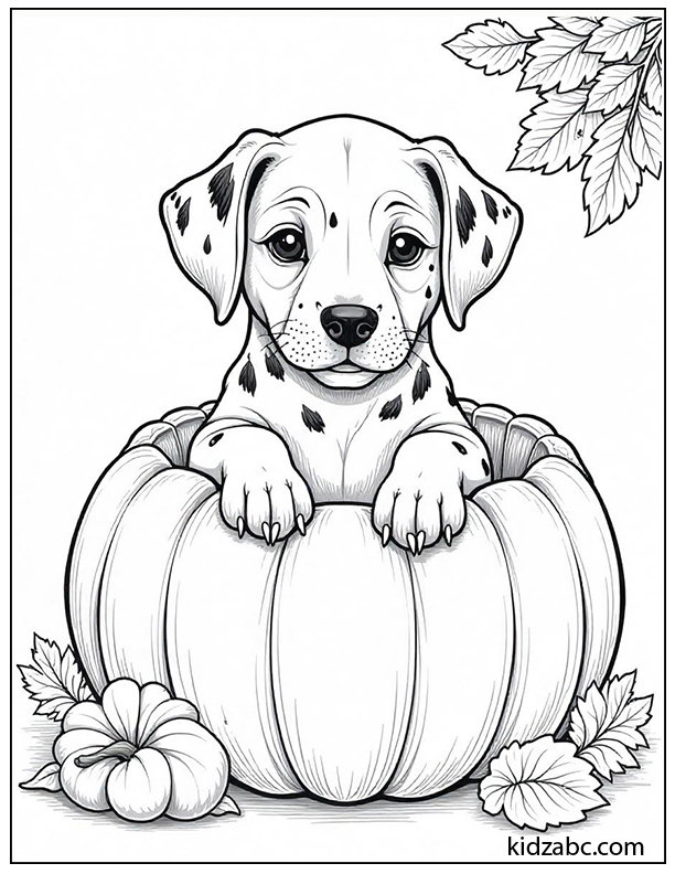 An illustration of puppy inside a pumpkin
