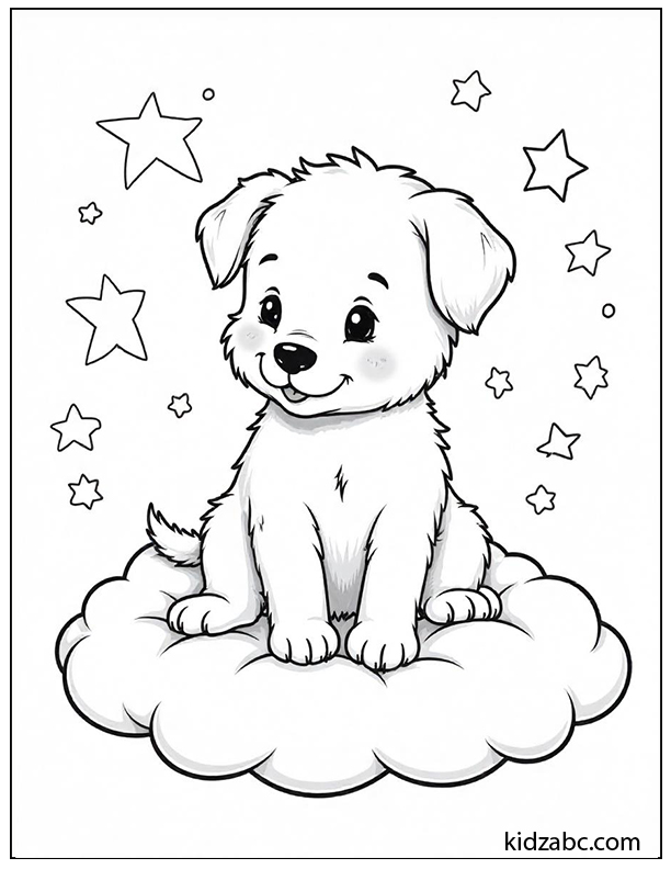 An illustration of puppy on a cloud and stars around