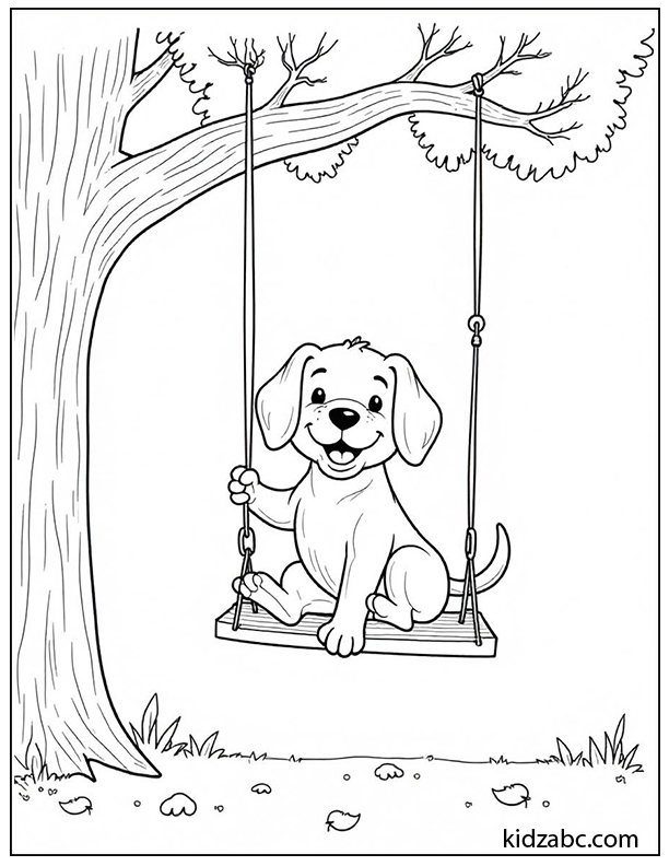 An illustration of puppy on a swing joyful 