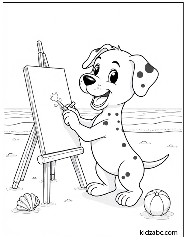 An illustration of puppy painting on an easel