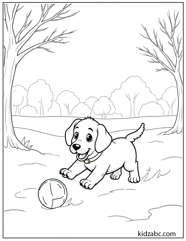 An illustration of puppy playing with a ball in a park