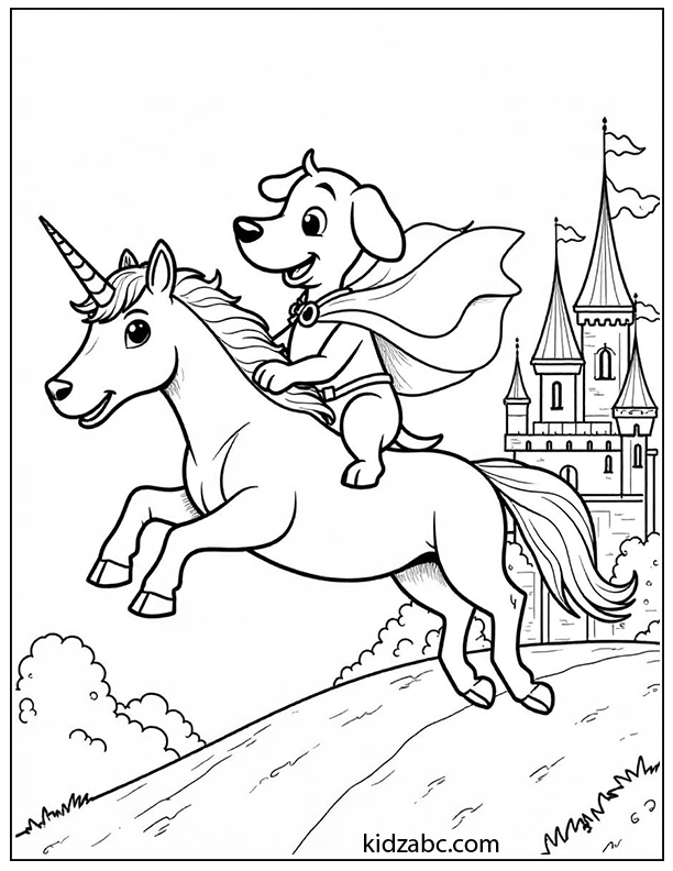 An illustration of puppy riding on a unicorn