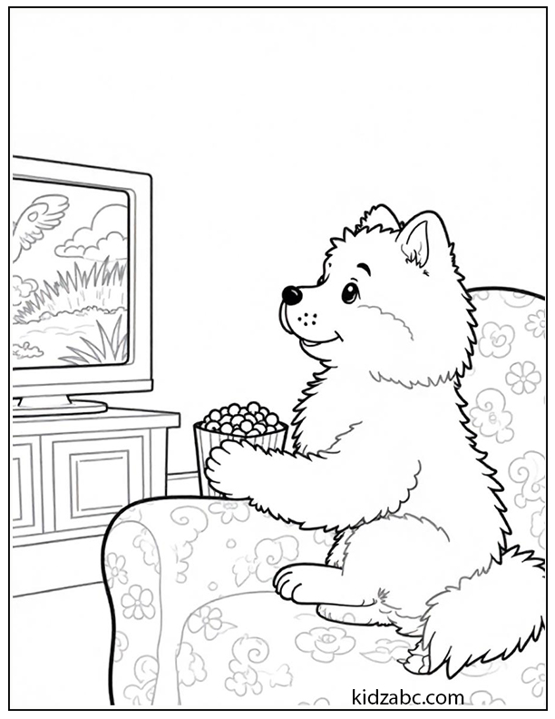 An illustration of puppy watching TV with popcorn