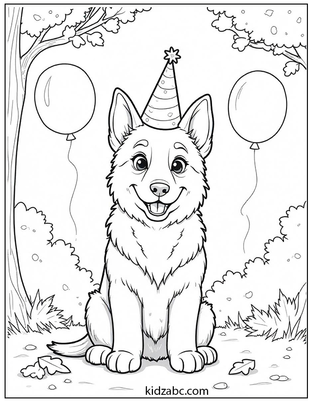 An illustration of puppy with a birthday hat and balloons