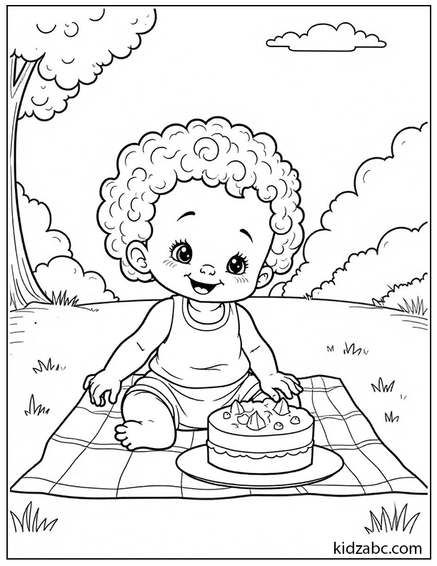 Baby at a picnic with cake