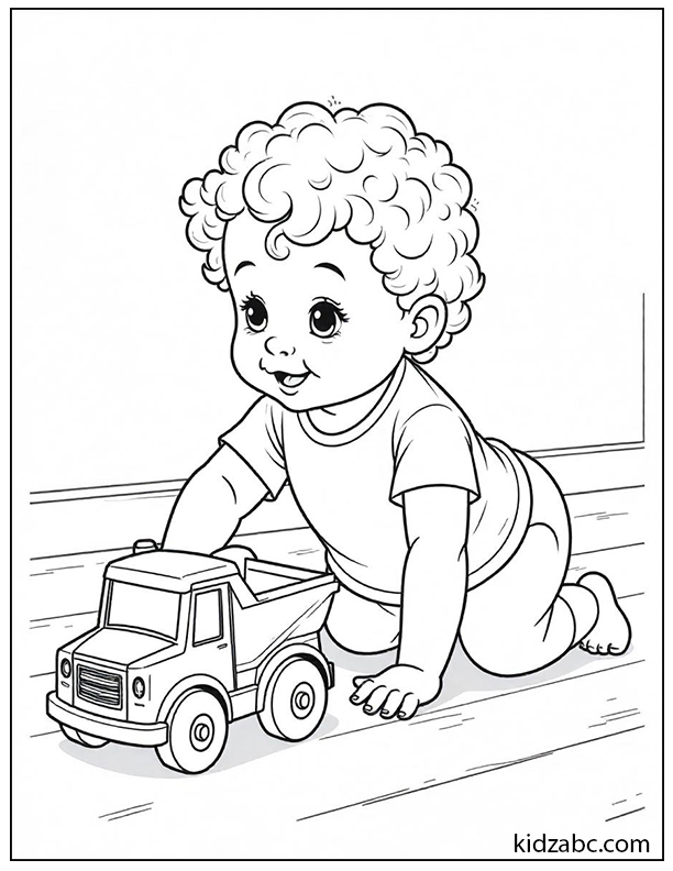 Baby boy crawling with a toy truck