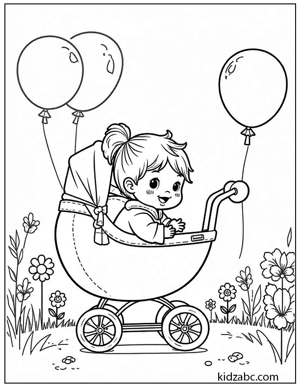 Baby in a stroller with balloons