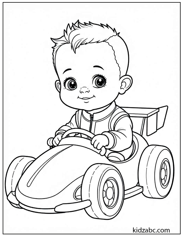 Baby in a tiny race car