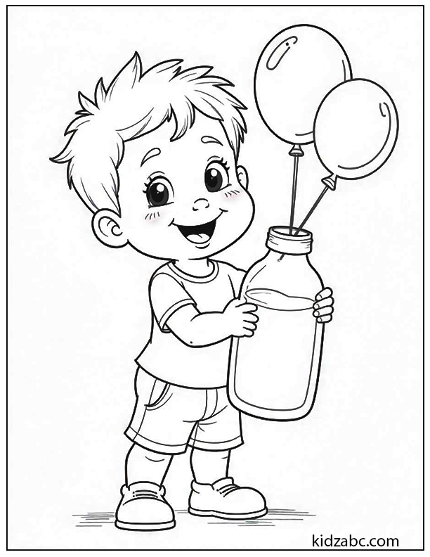 Boy holds bottle with balloons, ready for coloring fun