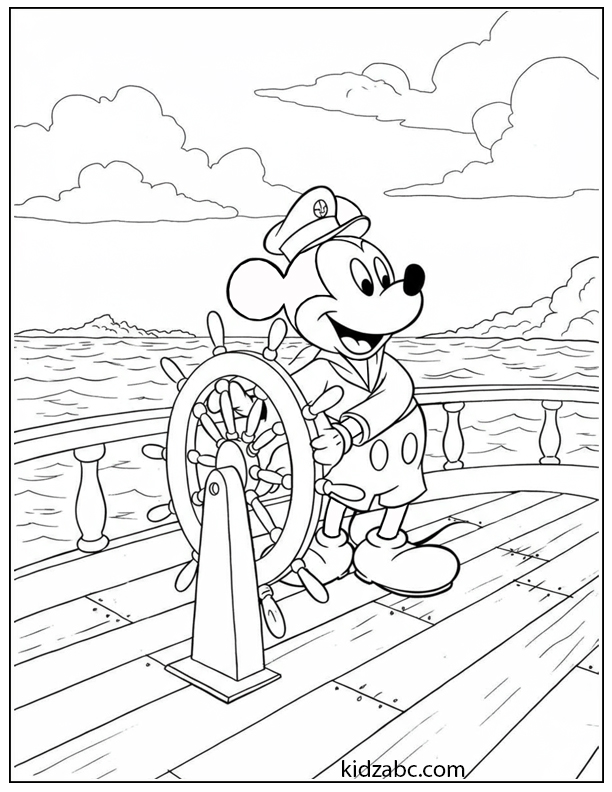 Captain Mickey Mouse steers a ship across a wavy sea