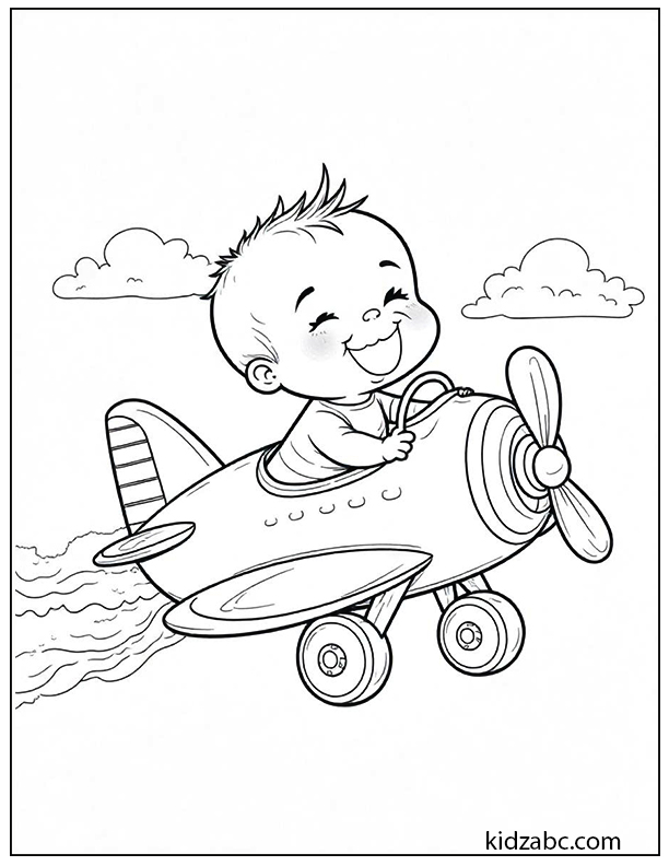 Cute baby happily flying a toy airplane through fluffy clouds