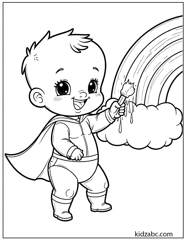 Cute superhero baby paints a vibrant rainbow on a cloud