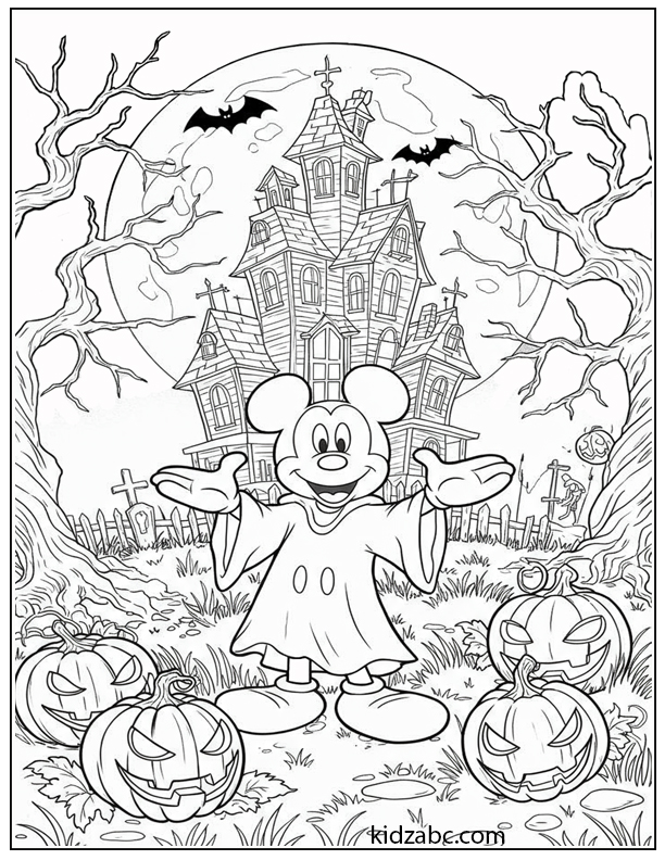 Ghost Mickey Mouse in a spooky Halloween scene with a haunted house