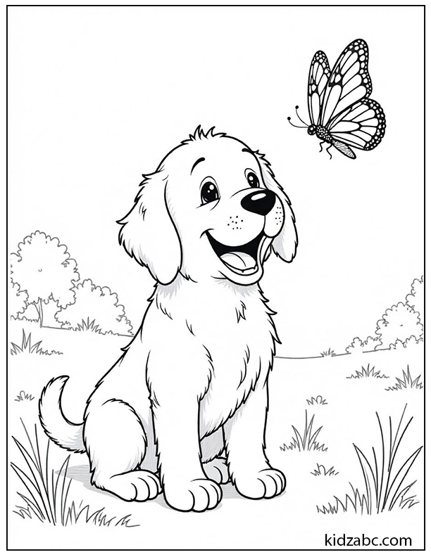 Happy puppy playing with a butterfly