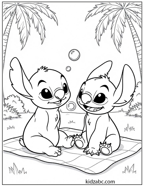 Lilo & Stitch blowing bubbles in the yard