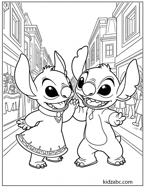 Lilo & Stitch dancing in a festive parade