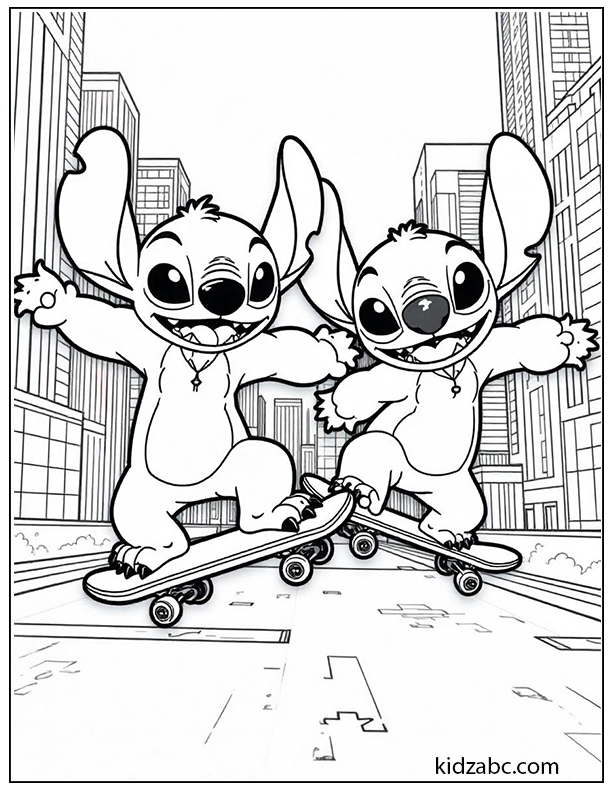 Lilo & Stitch doing skateboard tricks