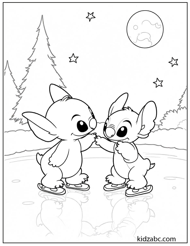 Lilo & Stitch ice skating on a pond