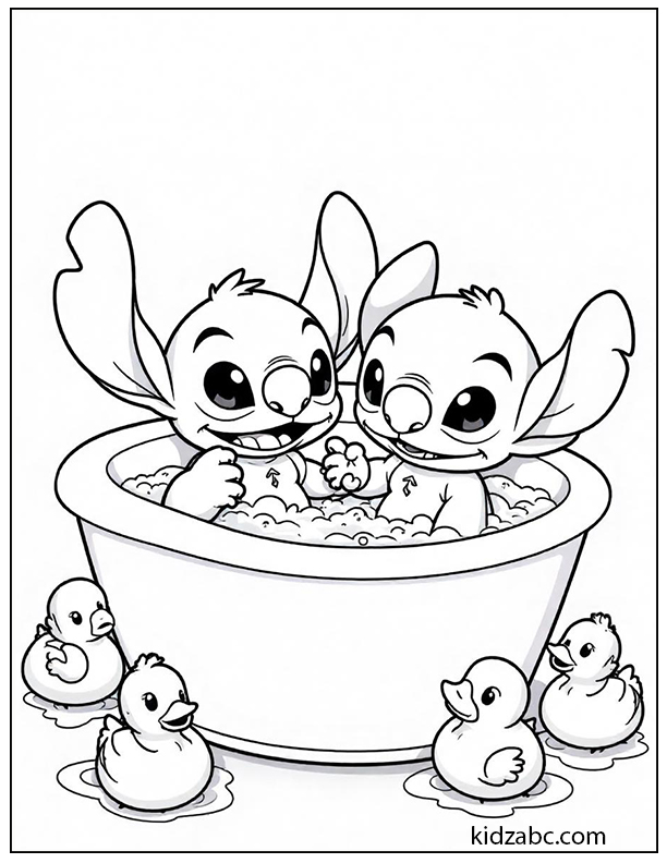 Lilo & Stitch relaxing in a bubble bath