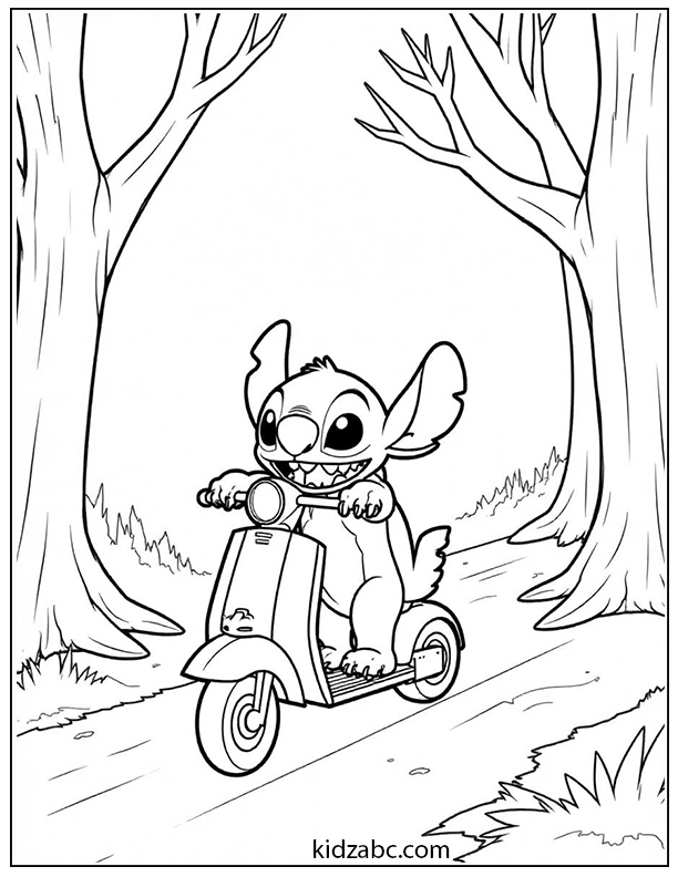 Lilo & Stitch riding a scooter through town