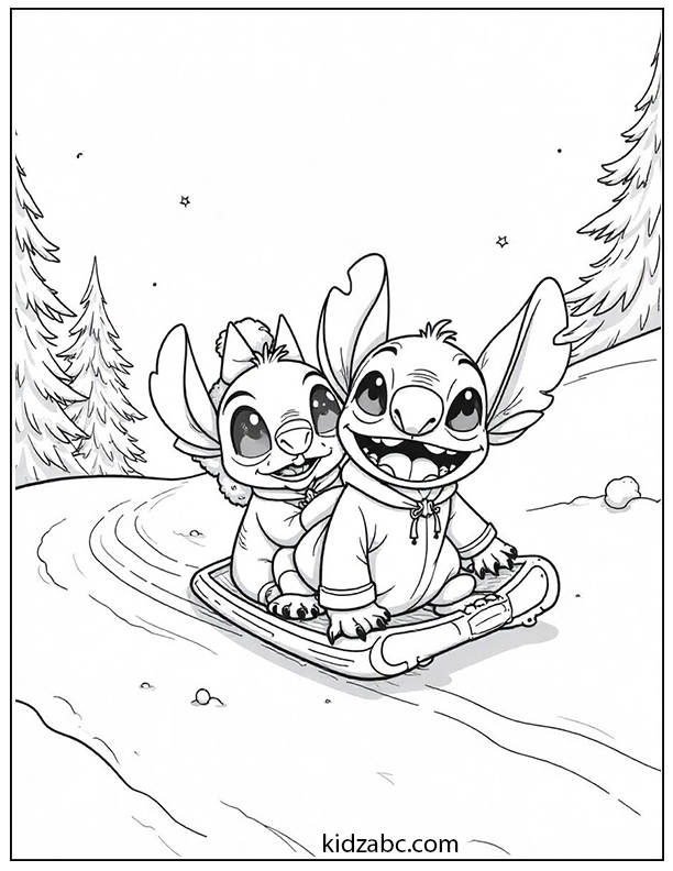 Lilo & Stitch sledding down a hill
