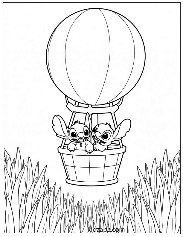 Lilo & Stitch soaring in a hot air balloon