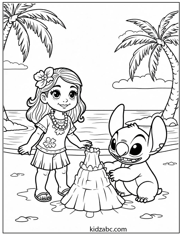 Lilo and Stitch building a sandcastle with palm trees in the background