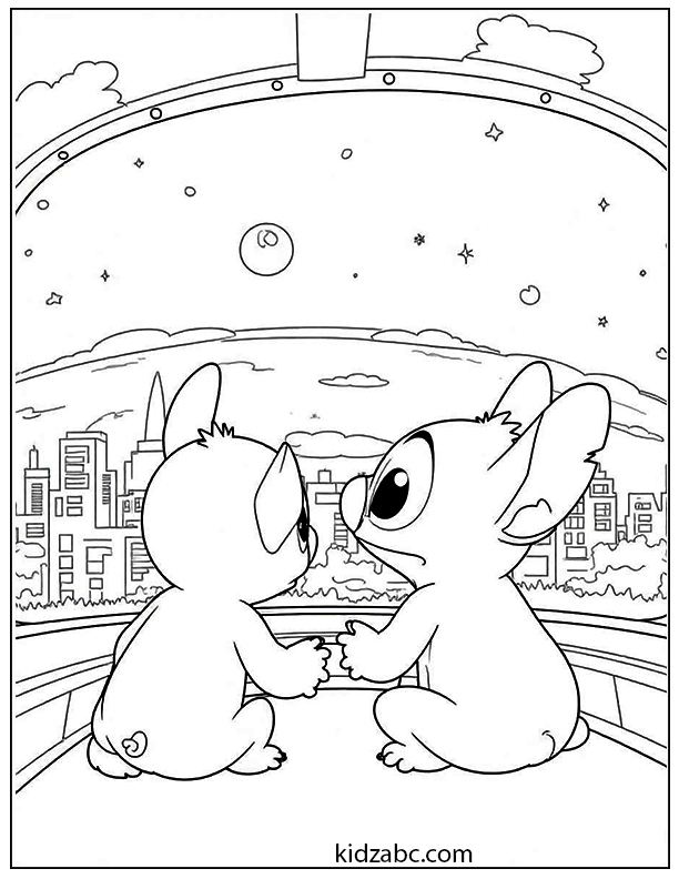 Lilo and Stitch in a spaceship flying over Earth