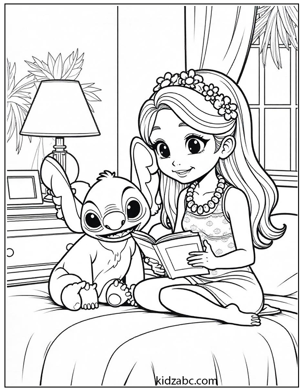 Lilo reading a bedtime story to Stitch and Scrump