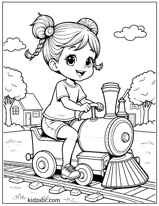 Little girl in pigtails happily rides a toy train outside