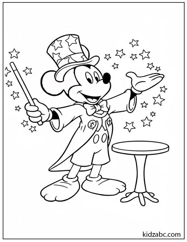 Magician Mickey Mouse with wand, stars, and small table