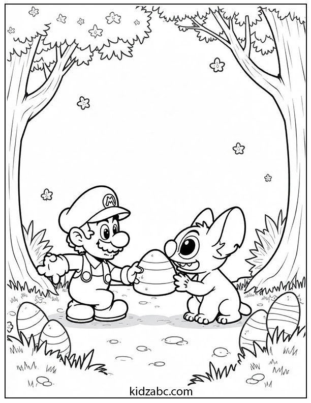 Mario & Stitch hunting for Easter eggs