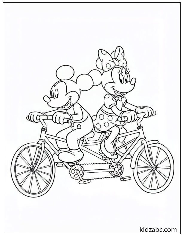 Mickey & Minnie riding a tandem bicycle