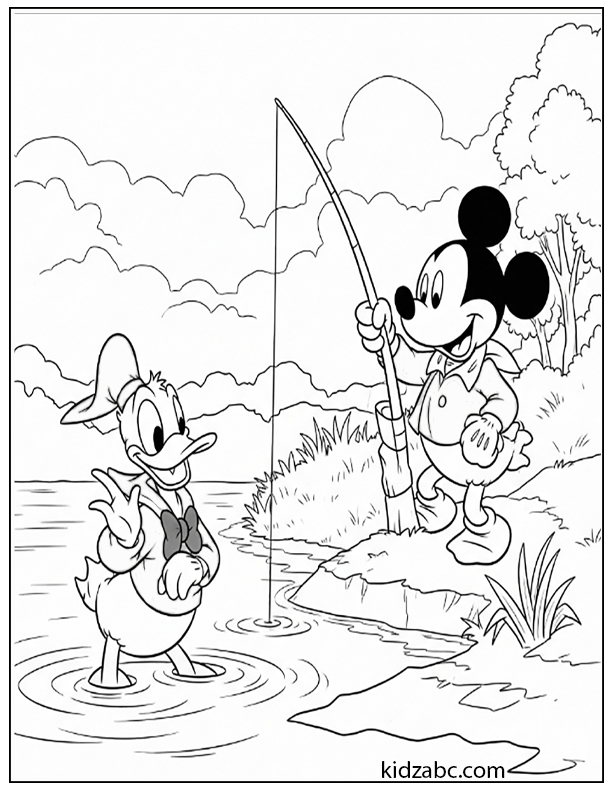 Mickey Mouse and Donald Duck enjoy a peaceful day of fishing