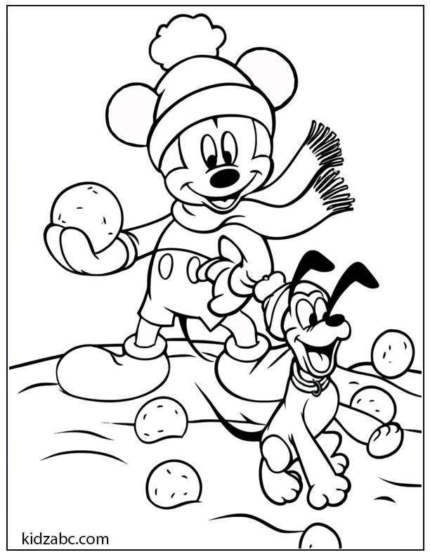 Mickey Mouse and Pluto in the snow with snowballs