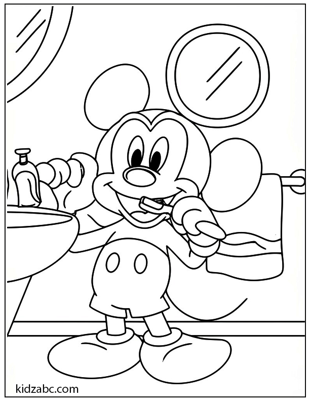 Mickey Mouse brushing his teeth in the bathroom