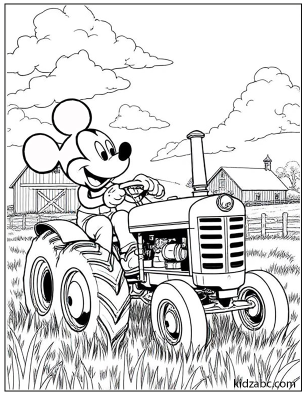 Mickey Mouse drives a vintage tractor on a sunny farm