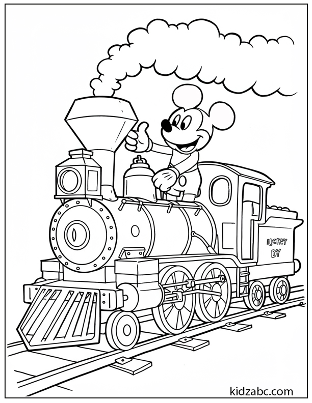Mickey Mouse driving a toy train