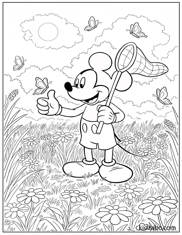 Mickey Mouse enjoys a sunny day catching butterflies in a field
