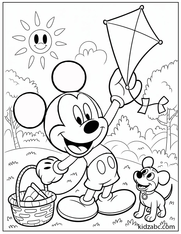 Mickey Mouse flying a kite on a sunny day in the park