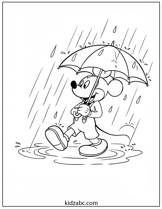 Mickey Mouse happily strolling in the rain with his trusty umbrella