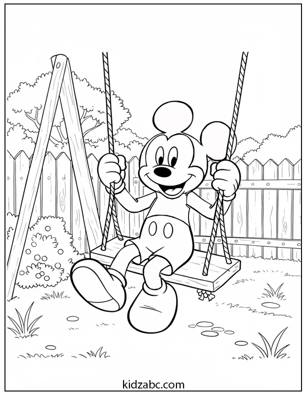 Mickey Mouse happily swinging high on a wooden backyard swing