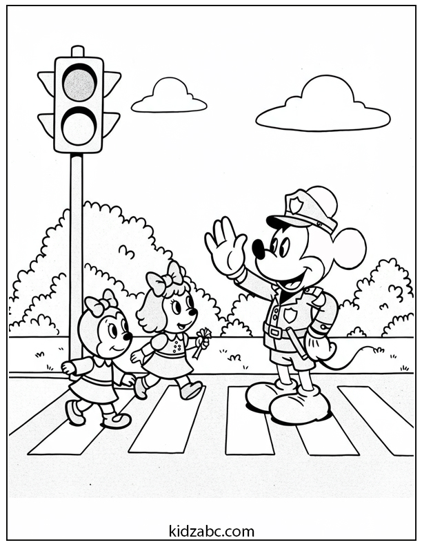 Mickey Mouse helping friends cross the street as a traffic officer