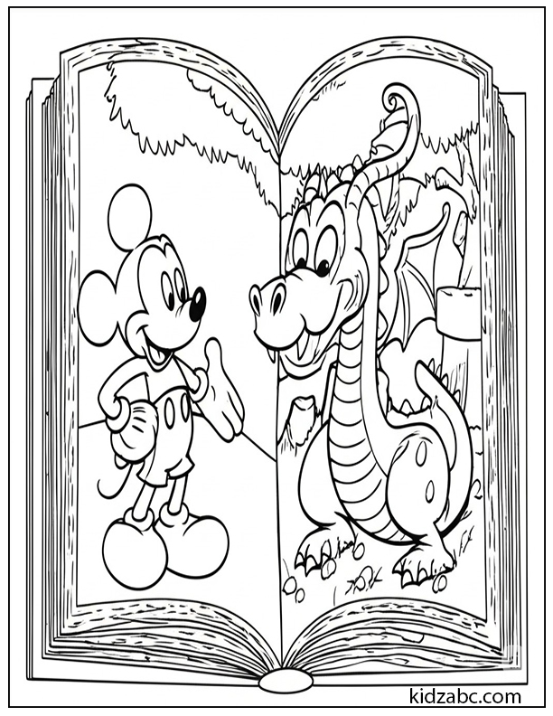 Mickey Mouse in a fairy tale book scene with a dragon