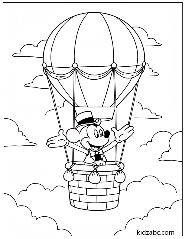 Mickey Mouse in a top hat enjoying a hot air balloon ride