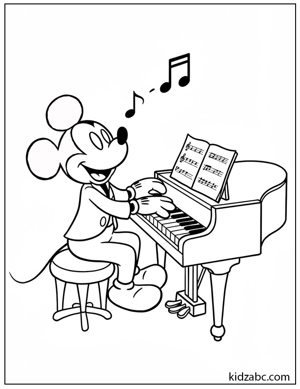 Mickey Mouse joyfully playing the piano with musical notes floating around