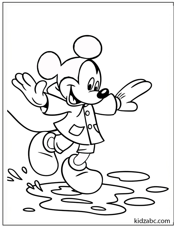 Mickey Mouse jumping in puddles in a raincoat
